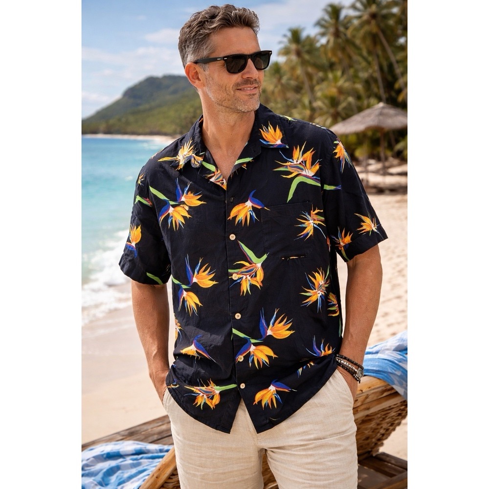 Vintage Roundtree‎ Yorke Hawaiian Shirt M Black Tropical Y2K Resort Vacation